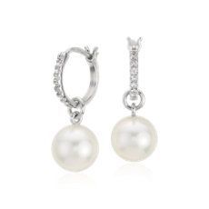 Freshwater Cultured Pearl and White Topaz Drop Hoop Earrings