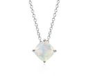 An October birthstone pendant features in a solitaire of milky white opal and sterling silver with floral detailing about the setting