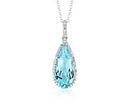 A teardrop-shaped December birthstone pendant with blue topaz gemstone centered in a diamond halo with sterling silver setting and matching chain