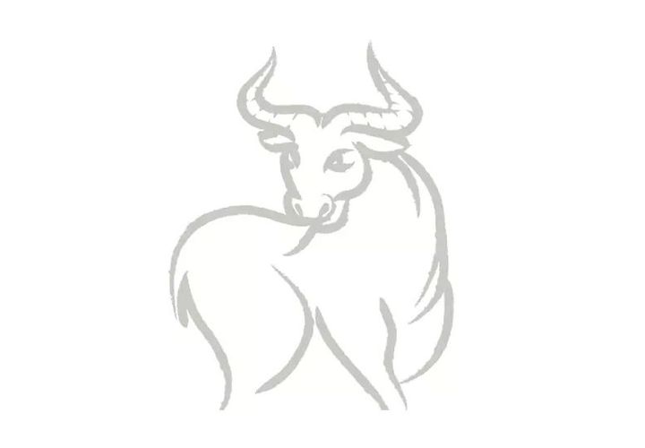 An illustration of a horned bull, the zodiac symbol for Taurus, using hand-drawn gray brush strokes