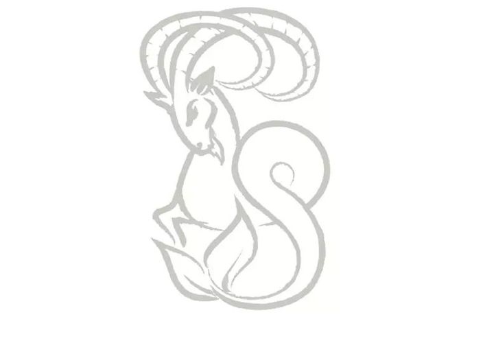 An illustration of a horned sea goat, the zodiac symbol for Capricorn, using hand-drawn gray brush strokes