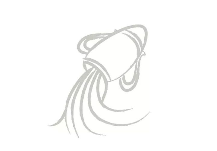 An illustration of an urn spilling water, the zodiac symbol for Aquarius, using hand-drawn gray brush strokes