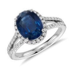 Oval Sapphire and Diamond Halo Split Shank Ring