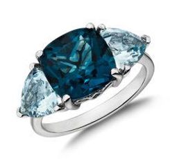 Cushion London Blue Topaz and Aquamarine Trillion Ring