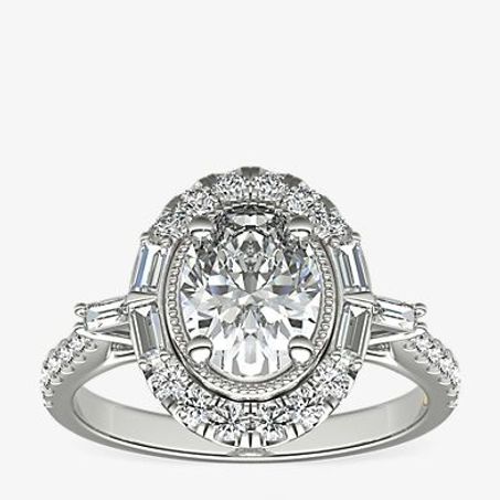 ZAC Zac Posen vintage oval halo engagement ring featuring both round and baguette-cut diamonds in 14k white gold.