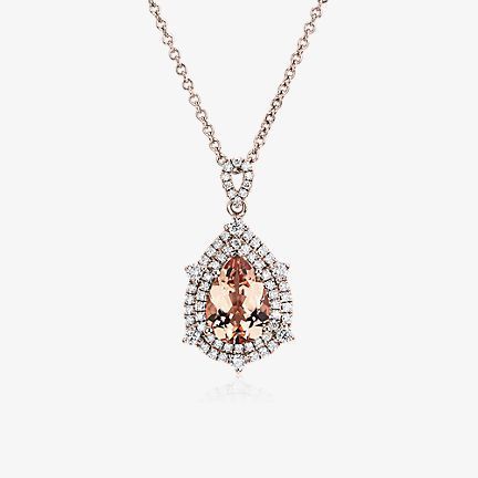 Rose gold necklace with morganite pendant and diamond halos