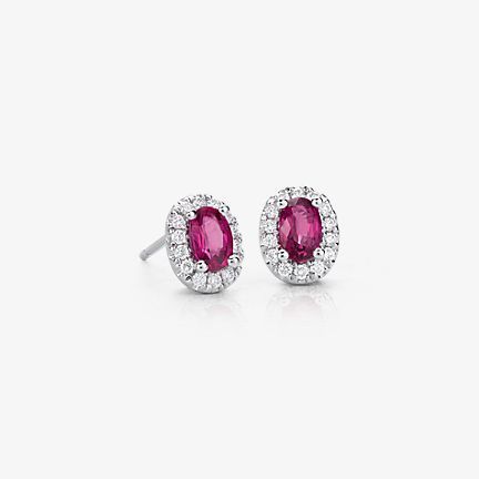 Ruby earrings with pavé diamonds in 14k white gold