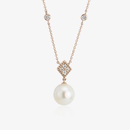 Pearl drop necklace with diamonds in 14k rose gold