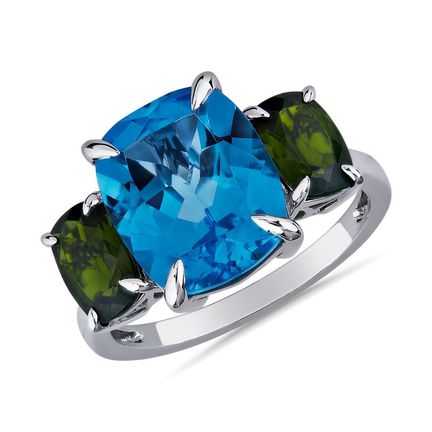 3-stone Swiss blue topaz and green chrome women’s ring in 14k white gold.