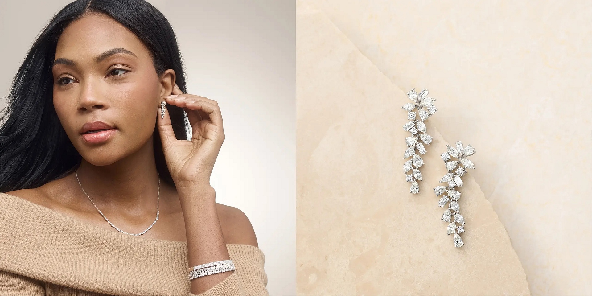 Woman wearing Blue Nile diamond jewelry next to cascading diamond drop earrings