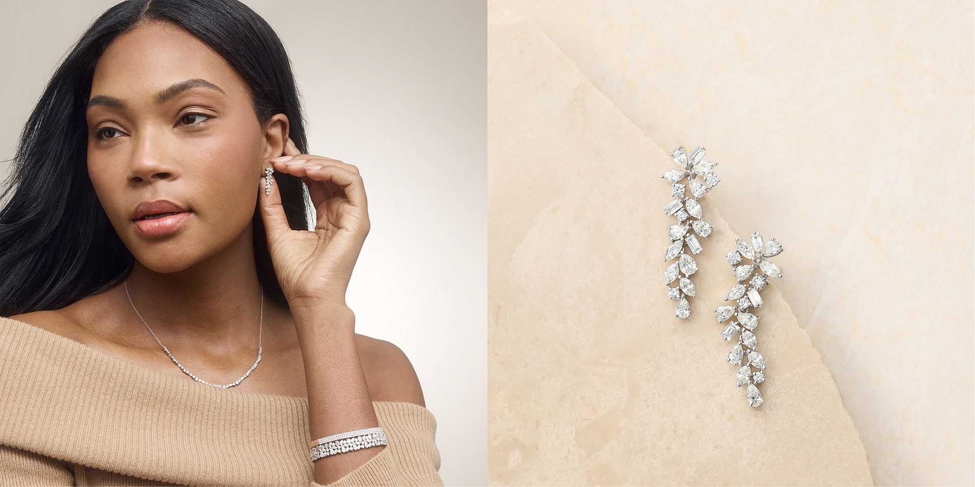 Woman wearing Blue Nile diamond jewelry next to cascading diamond drop earrings