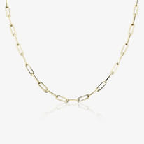Elegant gold paperclip chain necklace on a white background.