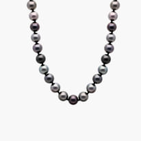 Elegant necklace of round colorful pearls on a white background.