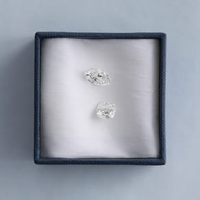 Two diamonds displayed in an elegant blue jewelry box on a light background.