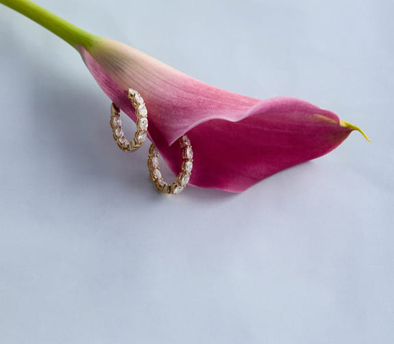 Diamond hoop earrings displayed on a pink calla lily against a light blue background.