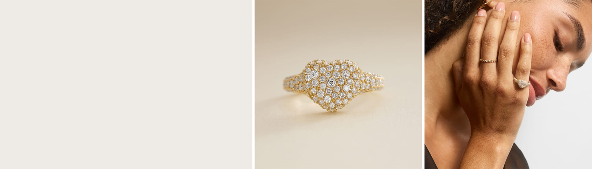 Close-up of a woman wearing gold and diamond rings on her fingers.