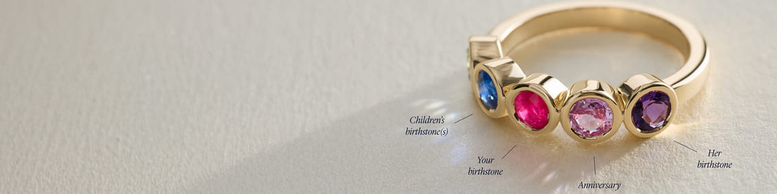 Gold ring with four colorful birthstones labeled for children, partner, self, and anniversary.