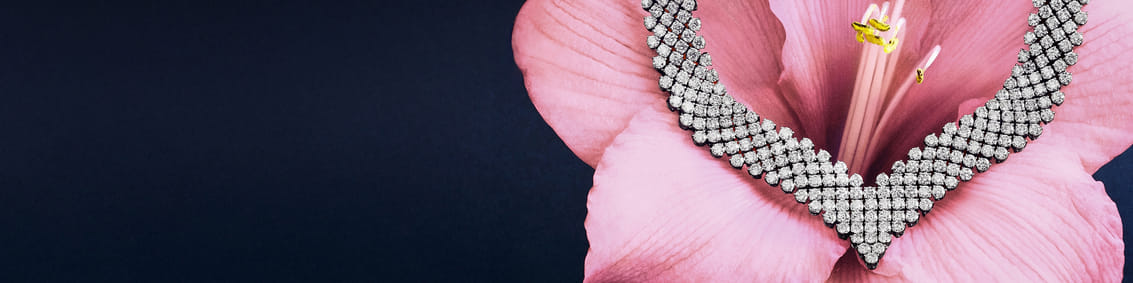 Diamond necklace resting on a large pink flower with a dark background.