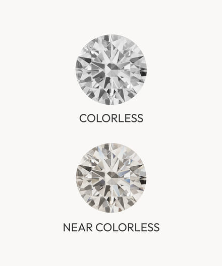 Two diamonds displayed: one colorless and one near colorless on a light background.