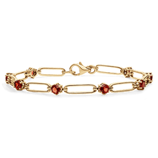 Gold chain bracelet with rectangular links and red gemstone accents.