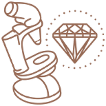Illustration of a microscope and a diamond surrounded by circular dotted border.