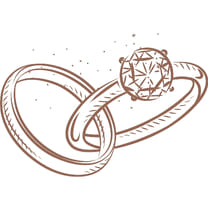 Illustration of intertwined wedding and engagement rings with a large diamond.