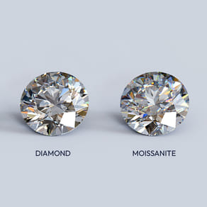 A diamond and a moissanite gemstone side by side on a plain background.