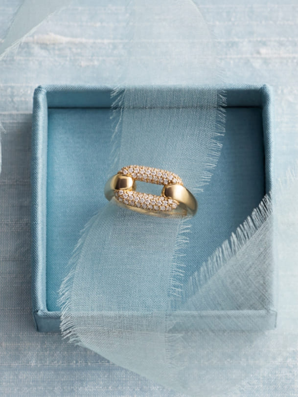 Ellipse collection gold oval link ring with pavé diamond design displayed in gift box Blue Nile Ellipse collection gold oval link ring with pavé diamond design displayed in gift box Blue Nile