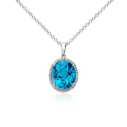 14k White Gold Vintage-inspired London Blue Topaz And Diamond Pendant  #105428 - Seattle Bellevue | Joseph Jewelry